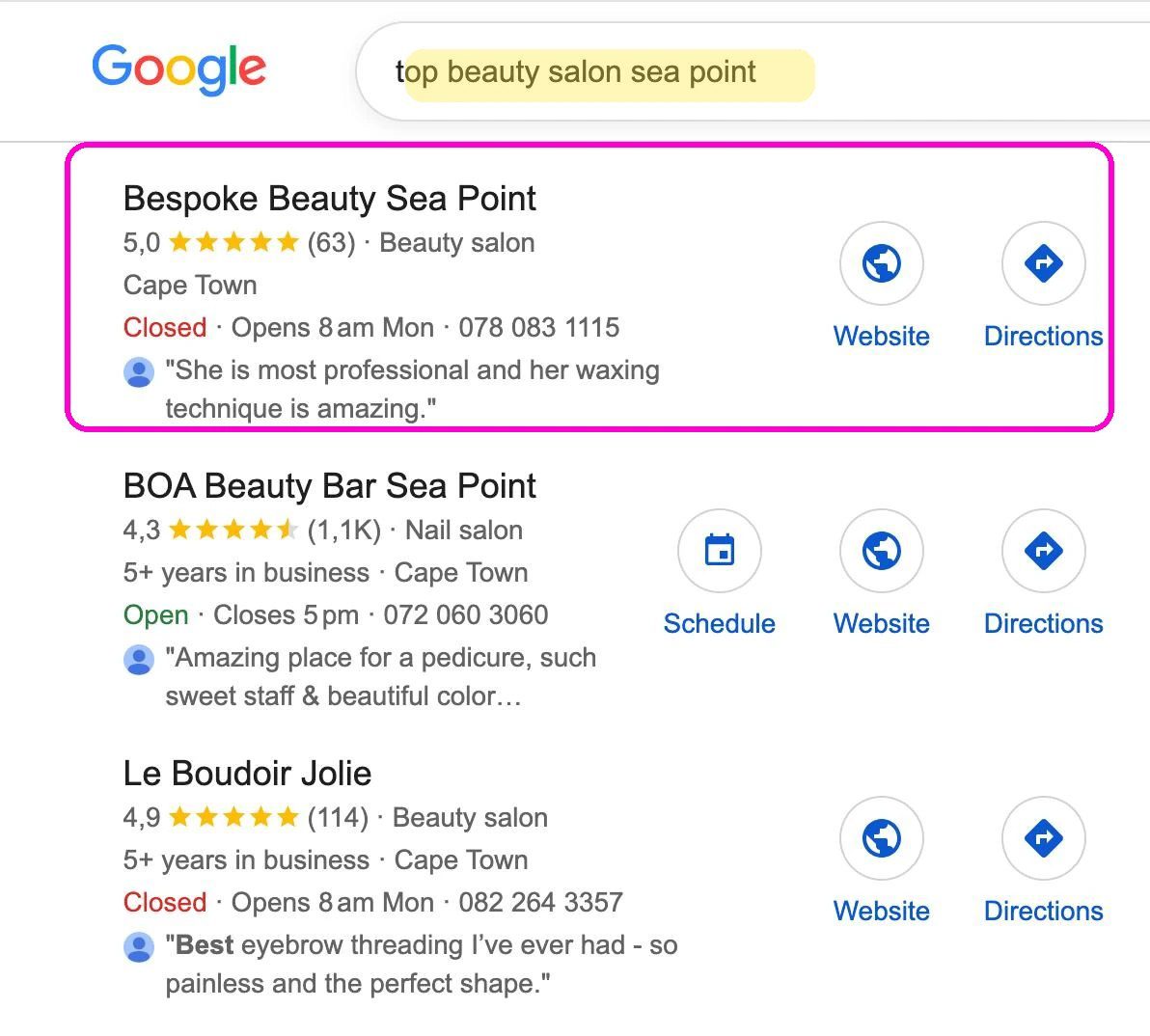 Local SEO Services result: Bespoke Beauty ranking first for beauty salon Sea Point in Cape Town