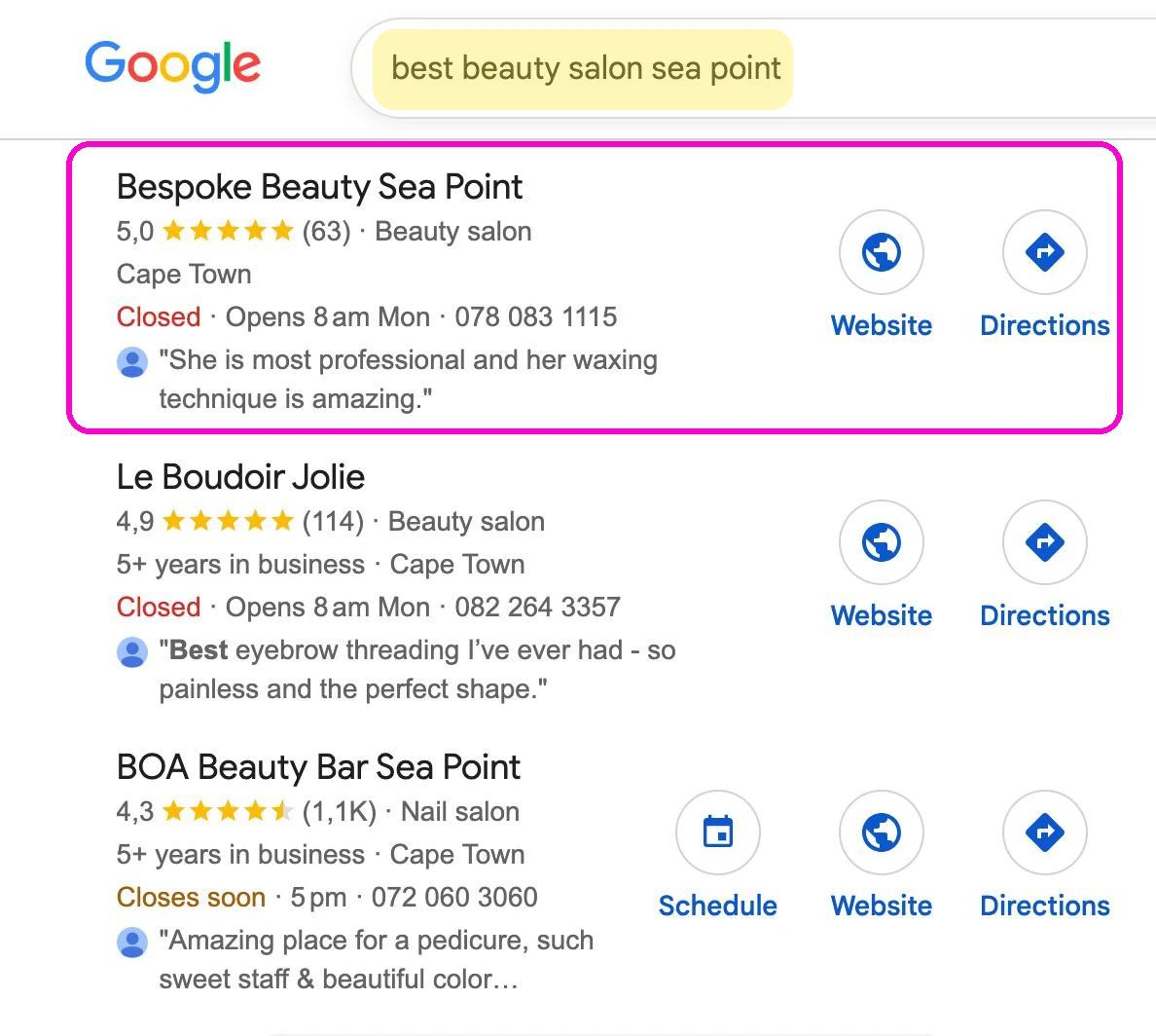 Bespoke Beauty at the top of the Google map pack in Sea Point with a 5.0 rating