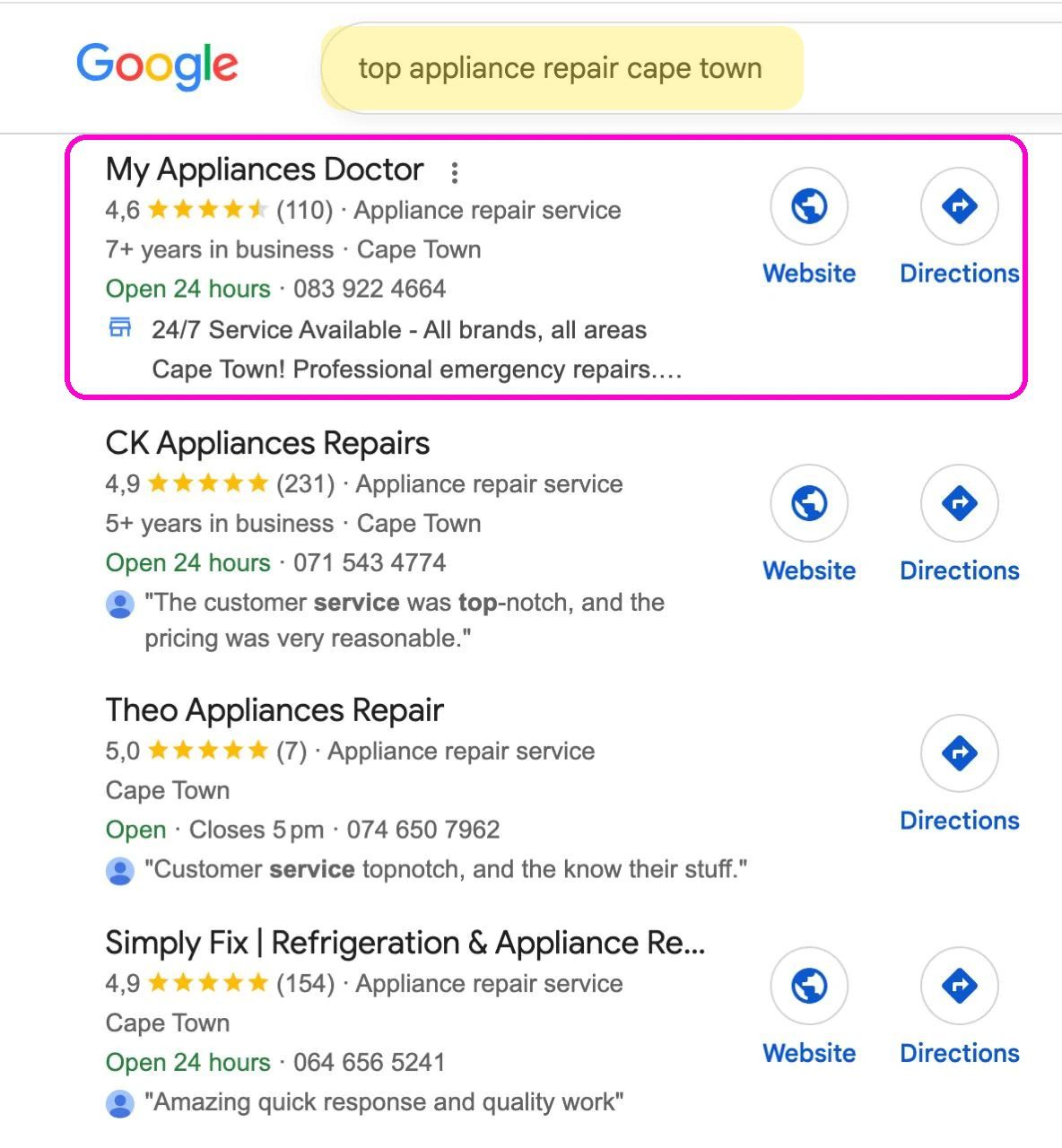 Local SEO Services result: My Appliances Doctor first in the Google map pack for appliance repair Cape Town