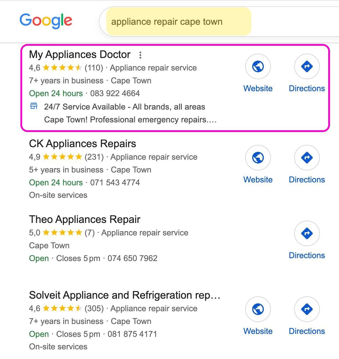 My Appliances Doctor outranking competitors with 231 and 305 reviews in the Cape Town map pack
