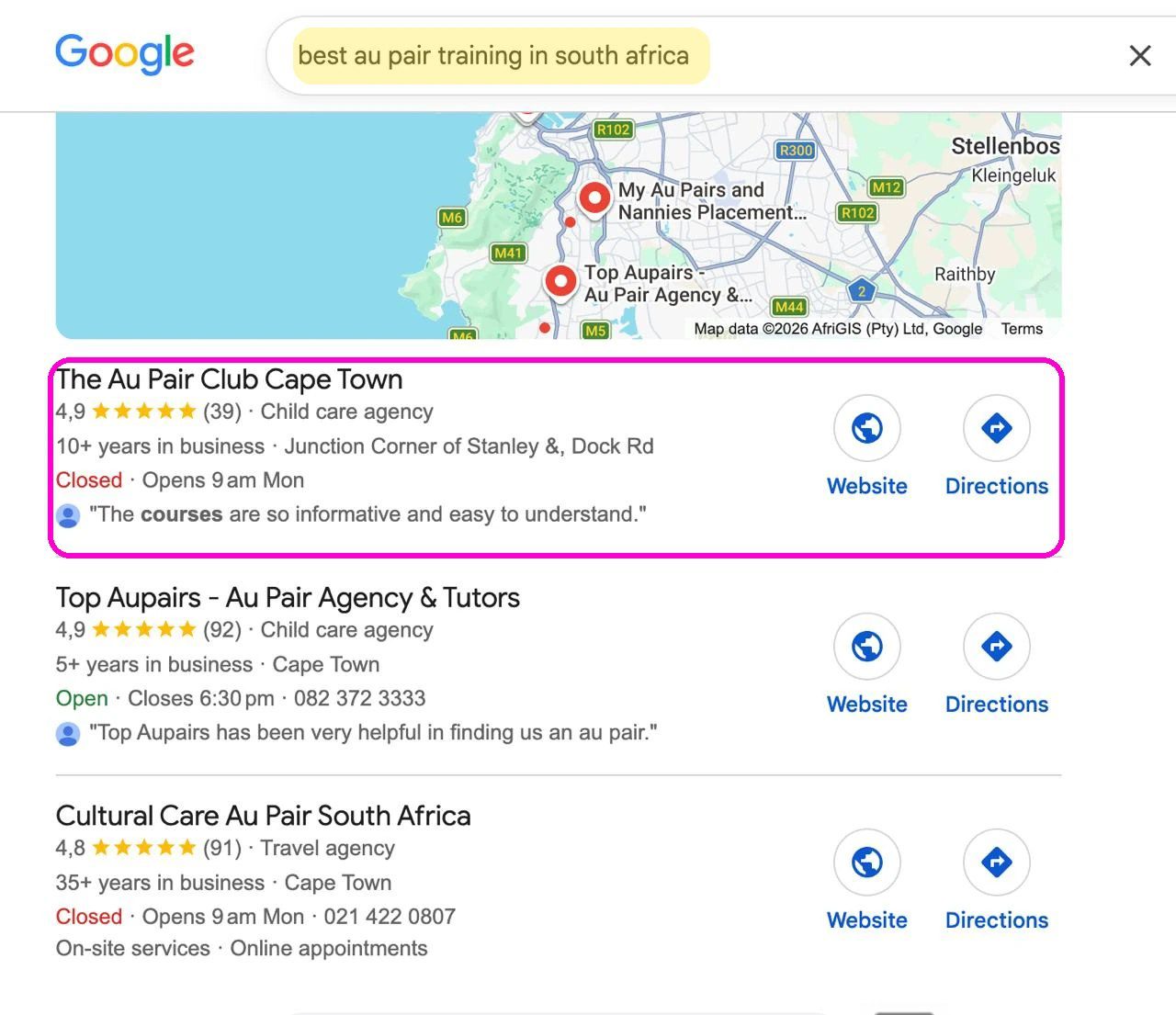 Local SEO Services result: The Au Pair Club first in the Google map pack for best au pair training Johannesburg