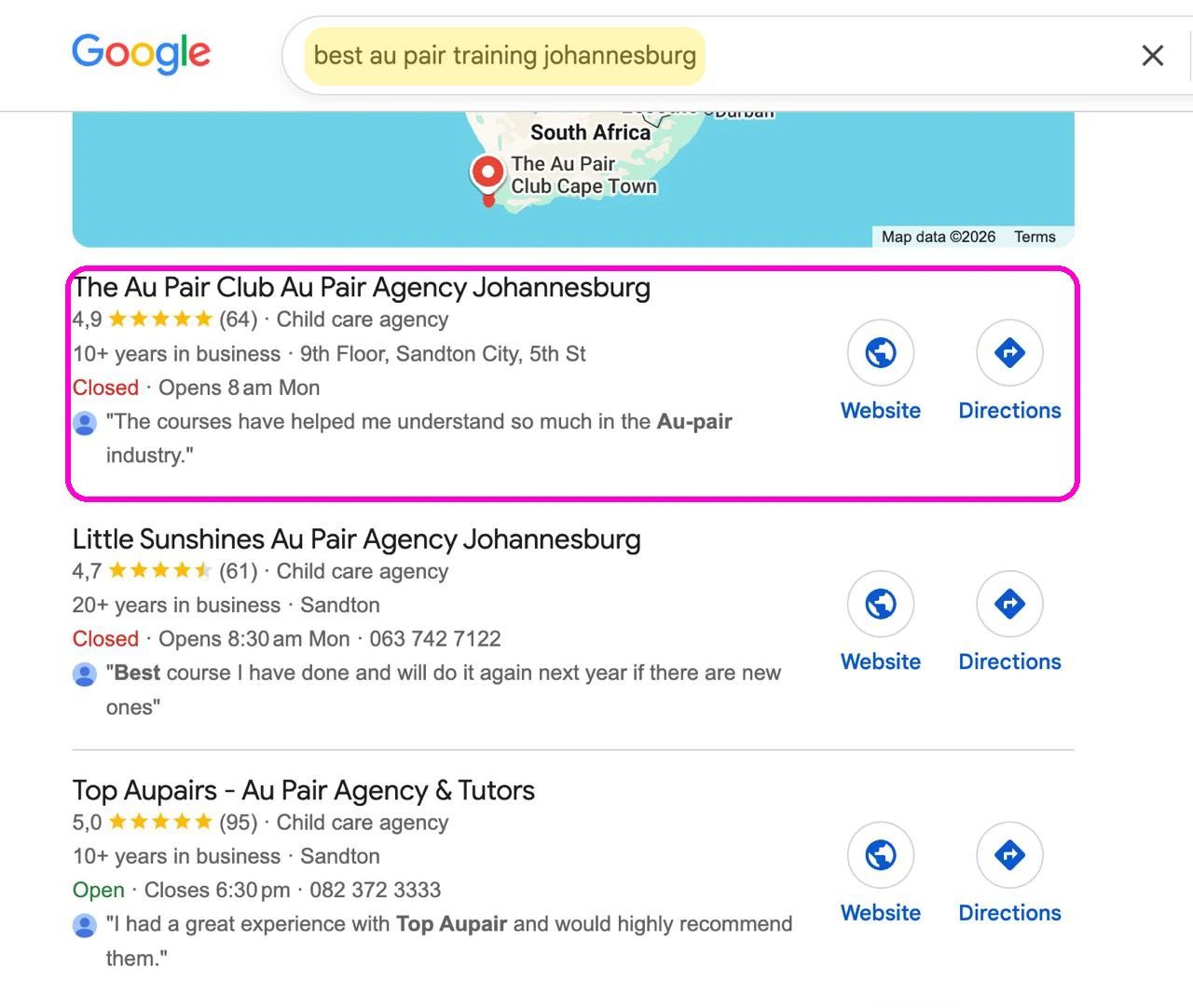 The Au Pair Club outranking agencies with 20 and 35 years in business in the Johannesburg map pack