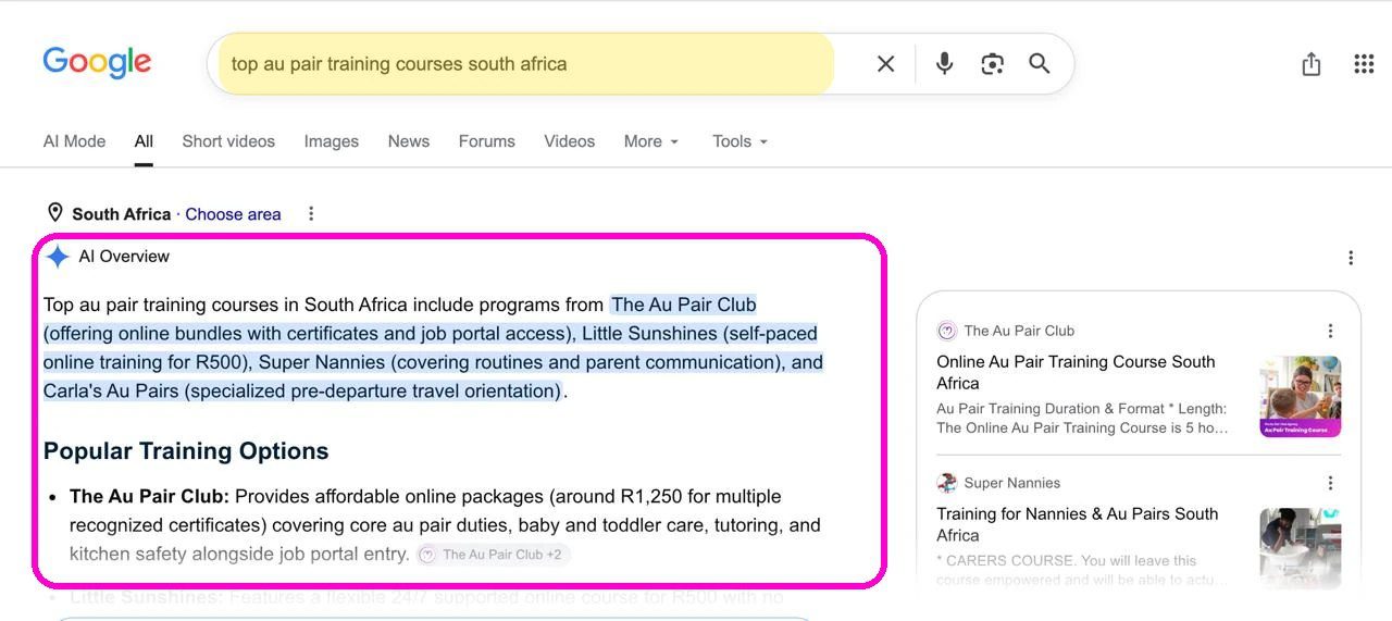 Google AI Overview naming The Au Pair Club first for top au pair training courses South Africa