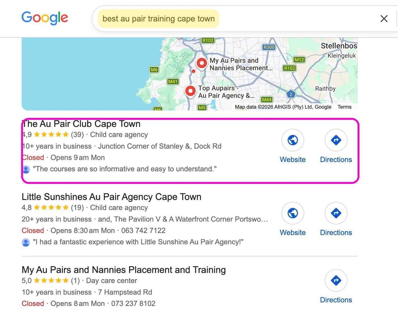 The Au Pair Club named in the Google AI Overview for top au pair courses Johannesburg