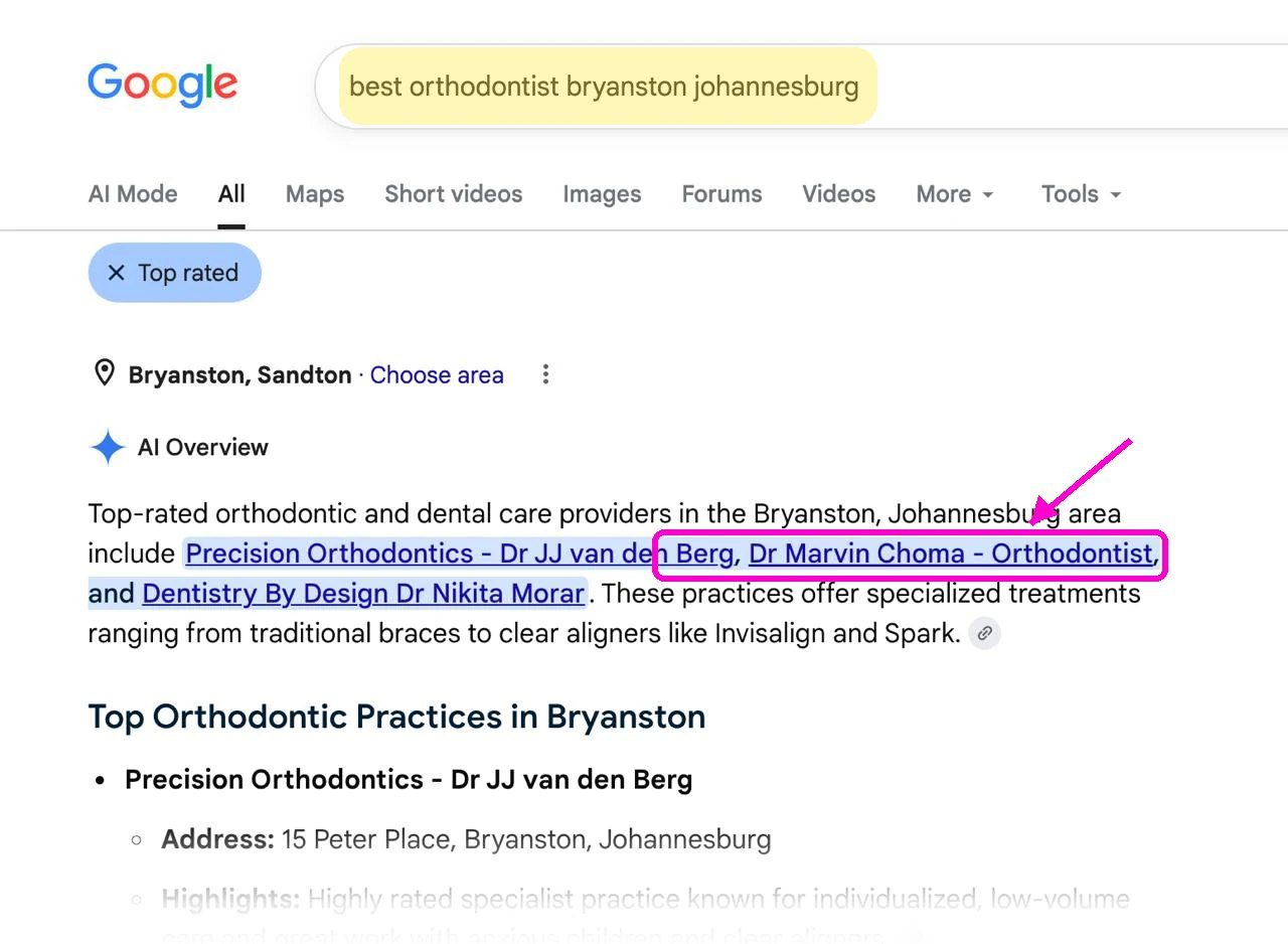 Google map pack showing Dr Marvin Choma ranking above competitors with more reviews in Bryanston