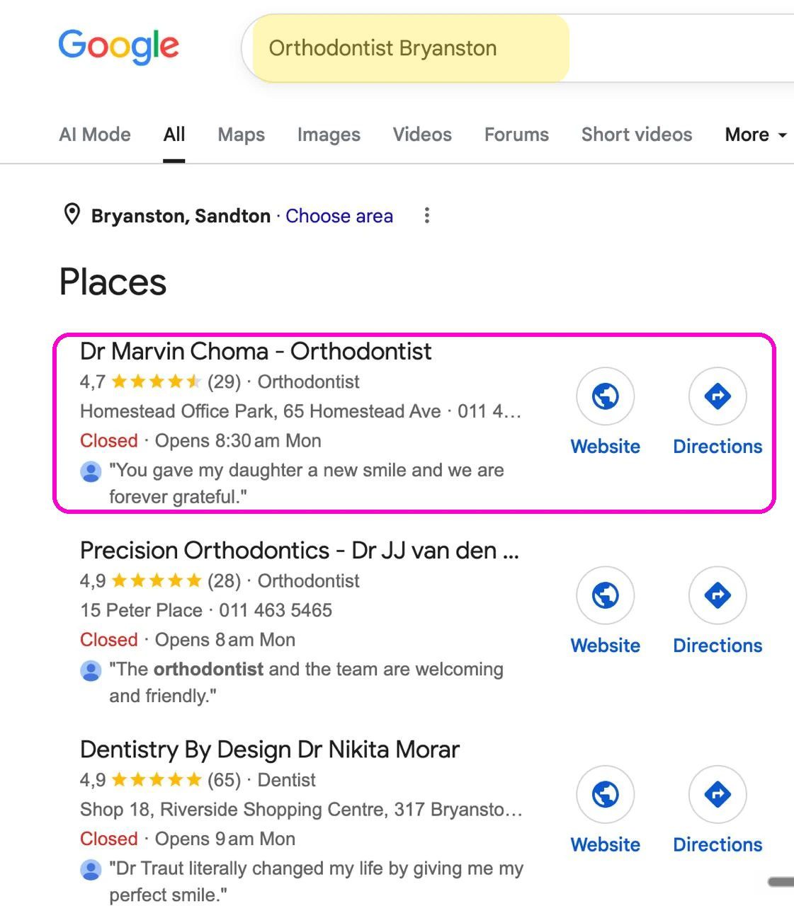 Competitor orthodontic practices in Bryanston ranking below Dr Marvin Choma despite higher review counts
