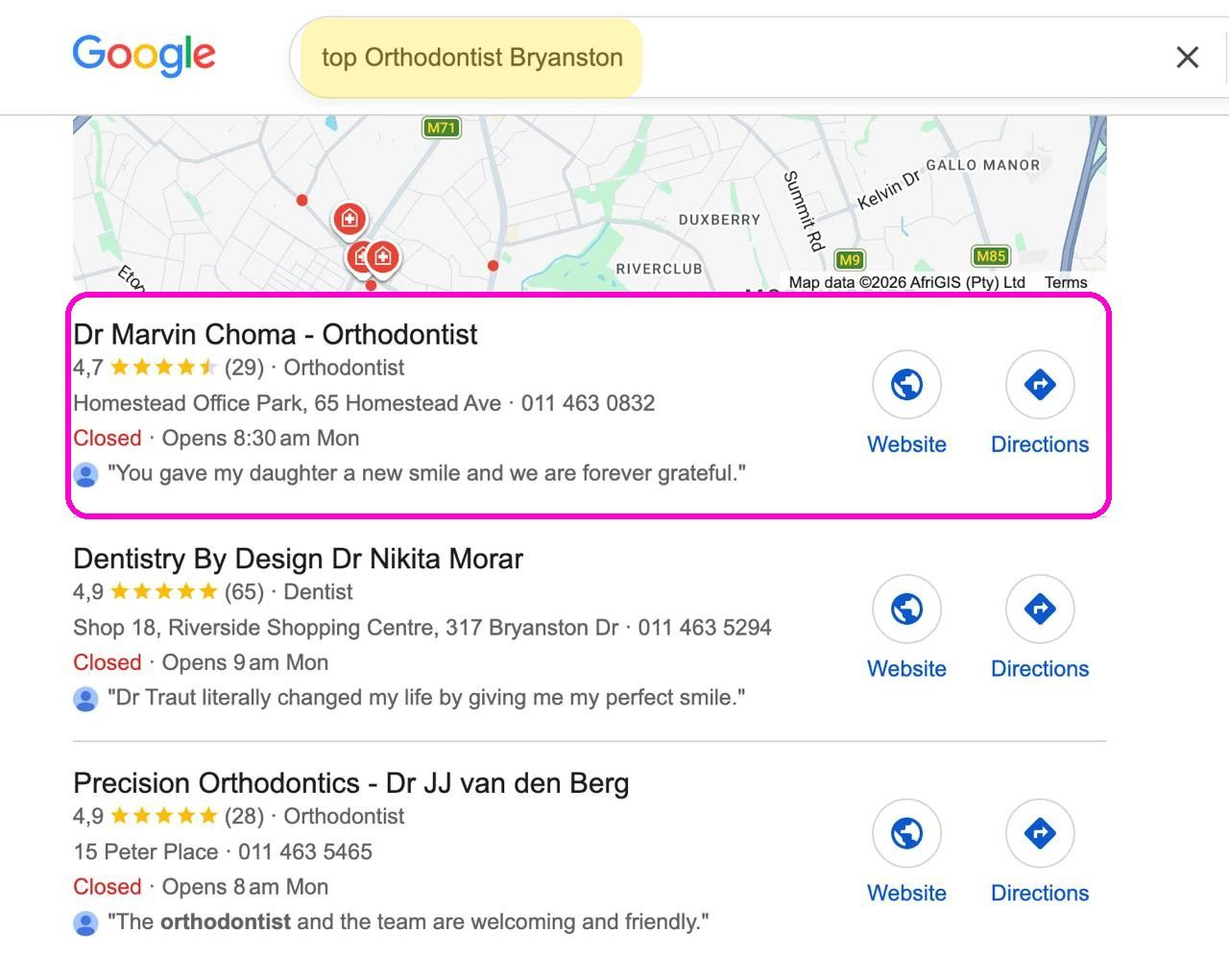 Orthodontist Bryanston search result showing Dr Marvin Choma in first position