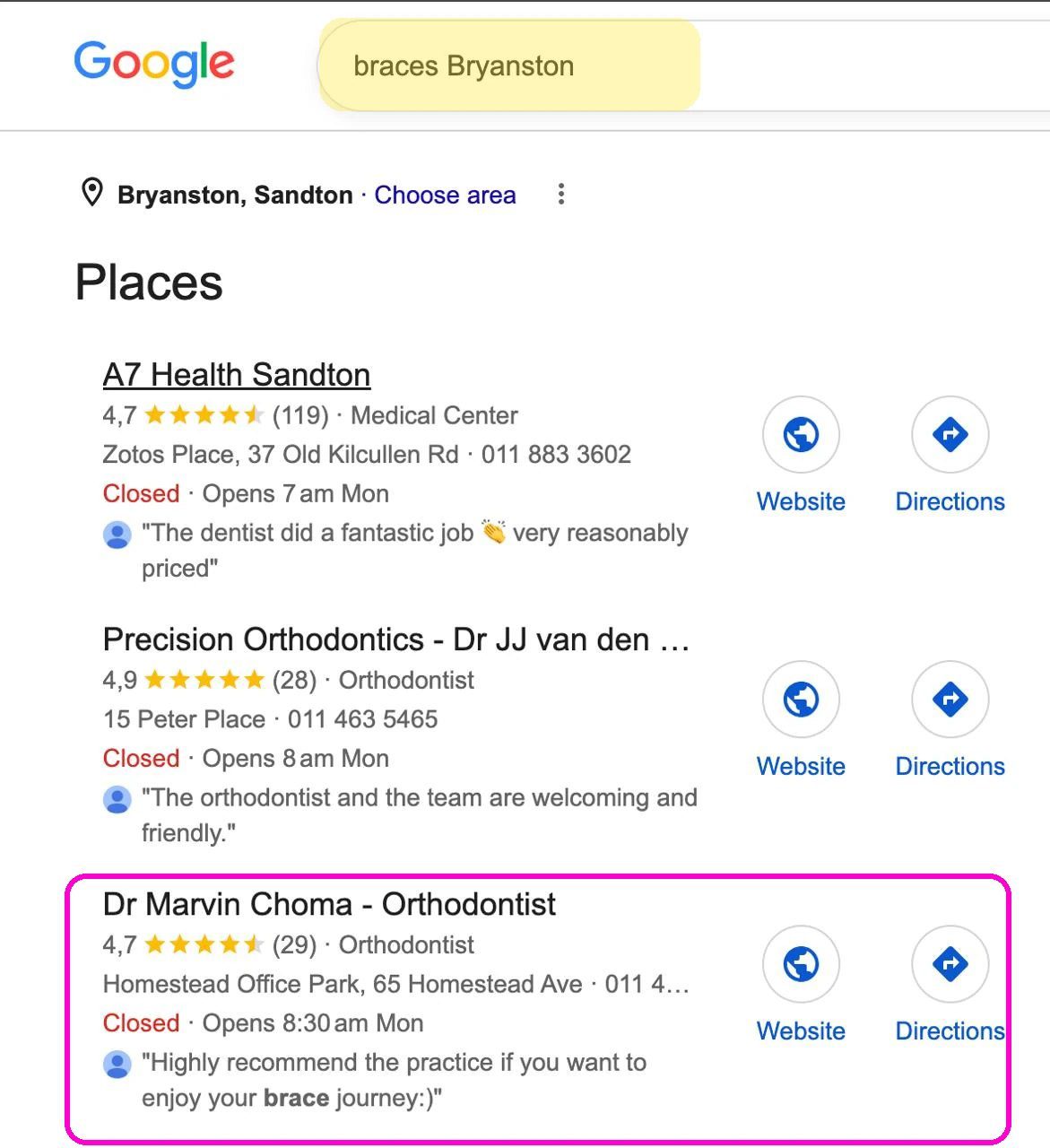 Google AI Overview naming Dr Marvin Choma for best orthodontist Bryanston Johannesburg