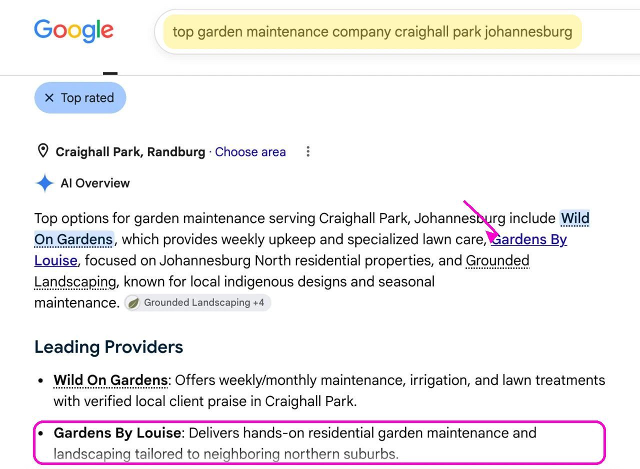 Gardens By Louise named alongside an award-winning landscaping firm in the Google AI Overview for Craighall Park