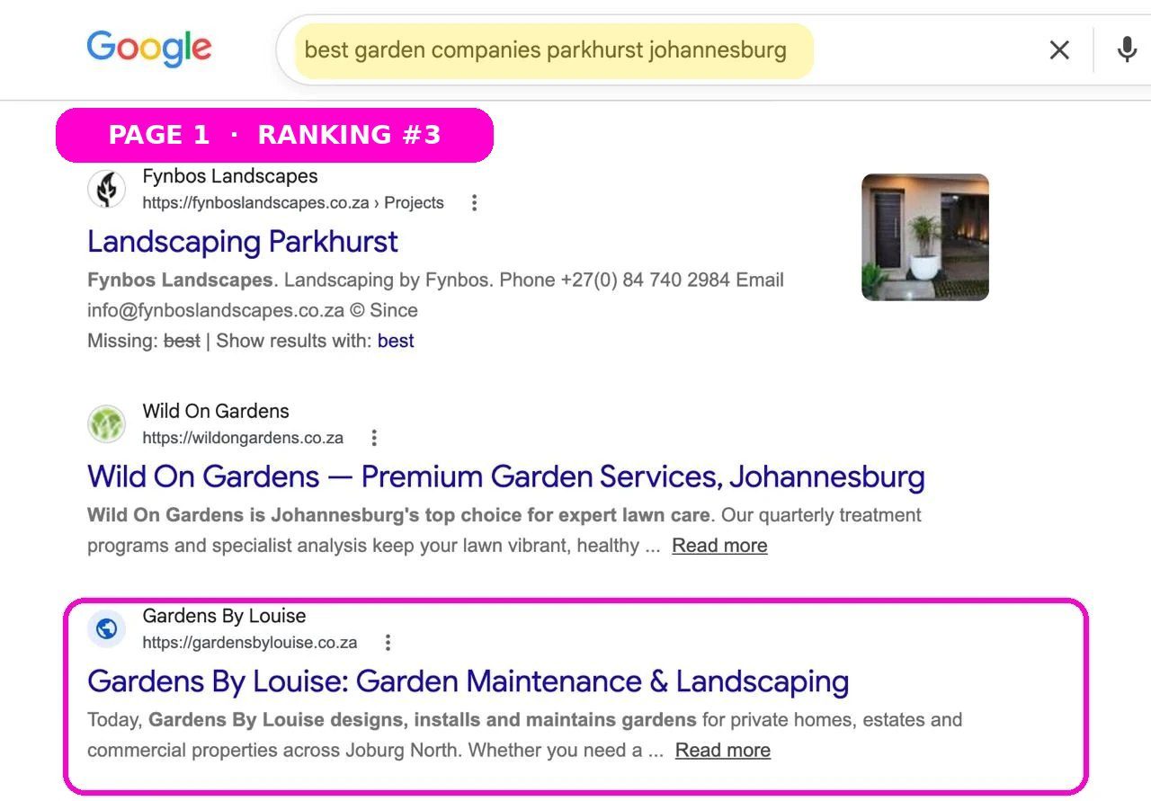Local SEO Services result: Gardens By Louise named first in the Google AI Overview for top garden maintenance company Parkhurst