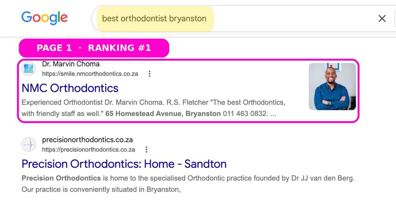 Local SEO Services result: Dr Marvin Choma first in the Google map pack for orthodontist Bryanston