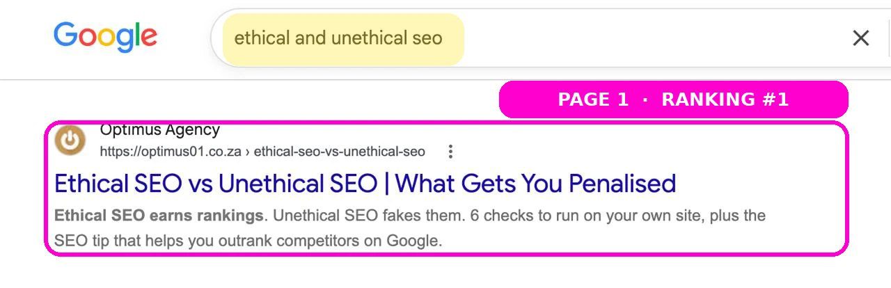 Optimus Agency ranking first on page one of Google for ethical and unethical SEO