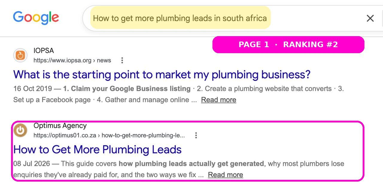 Optimus Agency ranking on page one for basic website requirements, above Wix