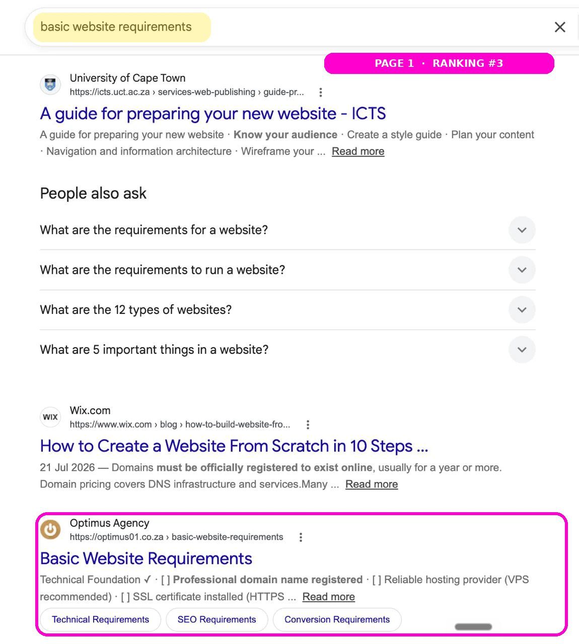Google search result showing Optimus Agency in first position for an SEO search term