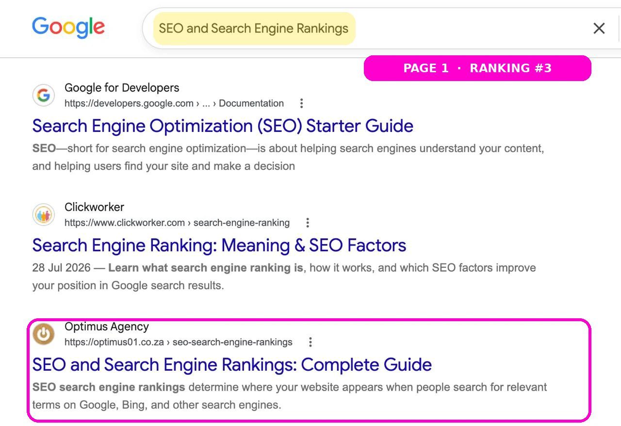 Optimus Agency ranking on page one for SEO and search engine rankings alongside Google's own SEO Starter Guide