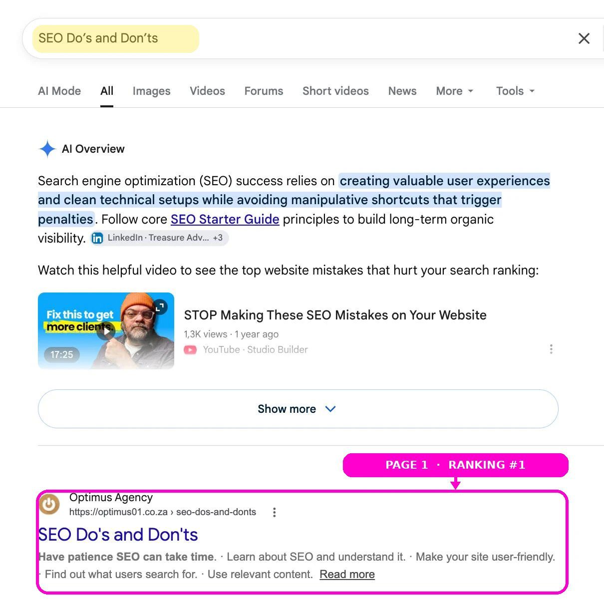 Local SEO Services proof: Optimus Agency ranking first for SEO do's and don'ts