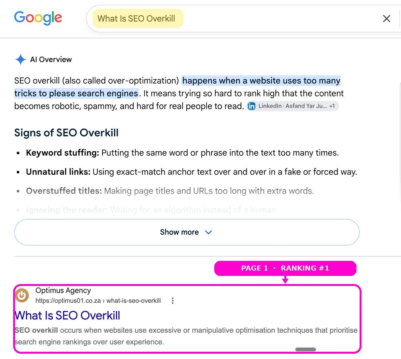 Optimus Agency ranking first on Google for what is SEO overkill