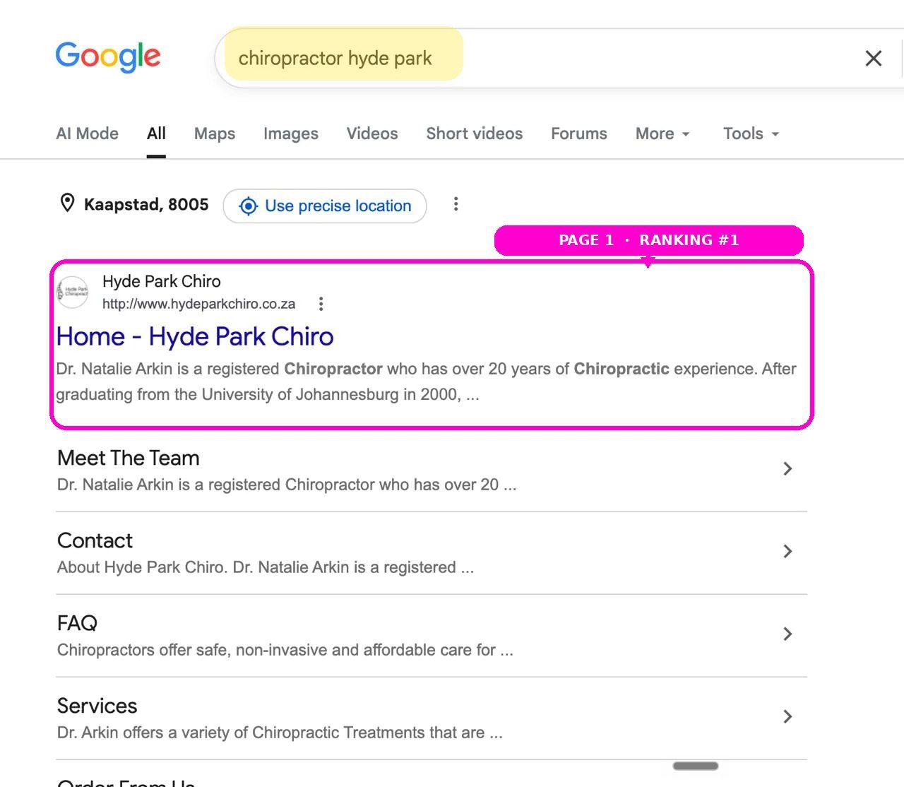 Hyde Park Chiropractic ranking first organically for chiropractor Hyde Park
