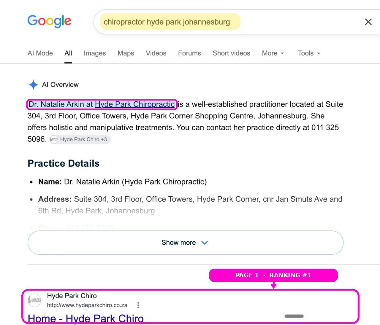 Hyde Park Chiropractic first in the Google map pack for best chiropractor Hyde Park Johannesburg