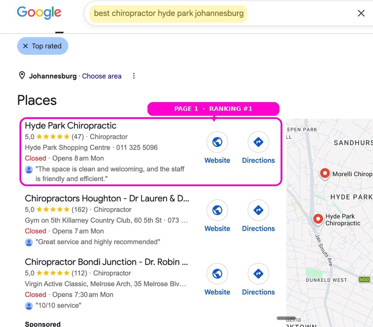 Hyde Park Chiropractic named in the Google AI Overview for chiropractor Hyde Park Johannesburg