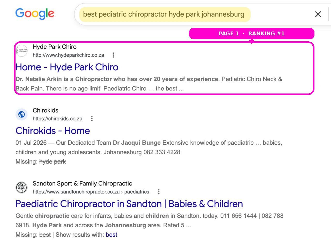 Google AI Overview naming Dr Natalie Arkin at Hyde Park Chiropractic as the best paediatric option in the neighbourhood